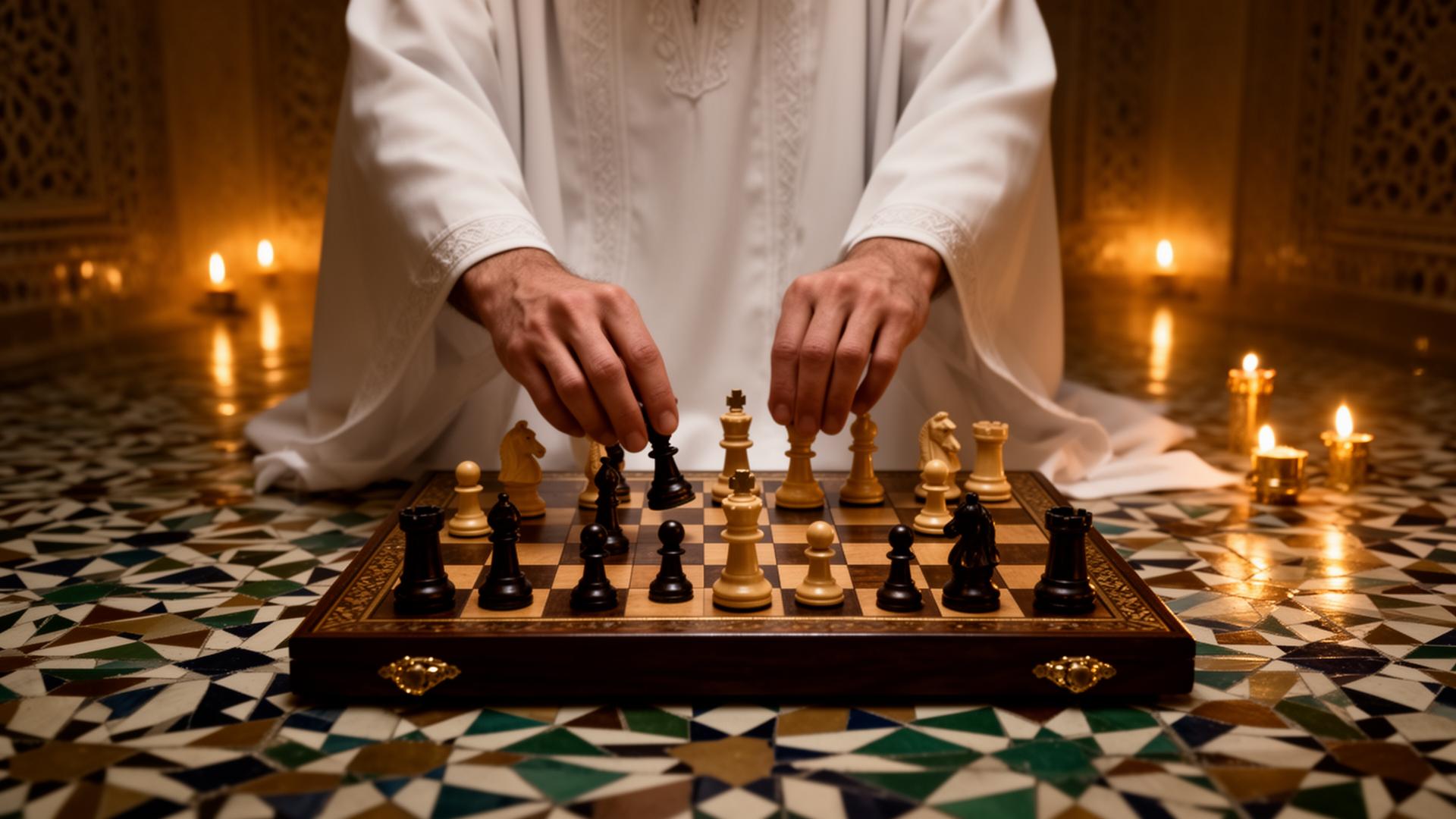 Spiritual strategist moving chess pieces by candlelight in Islamic setting