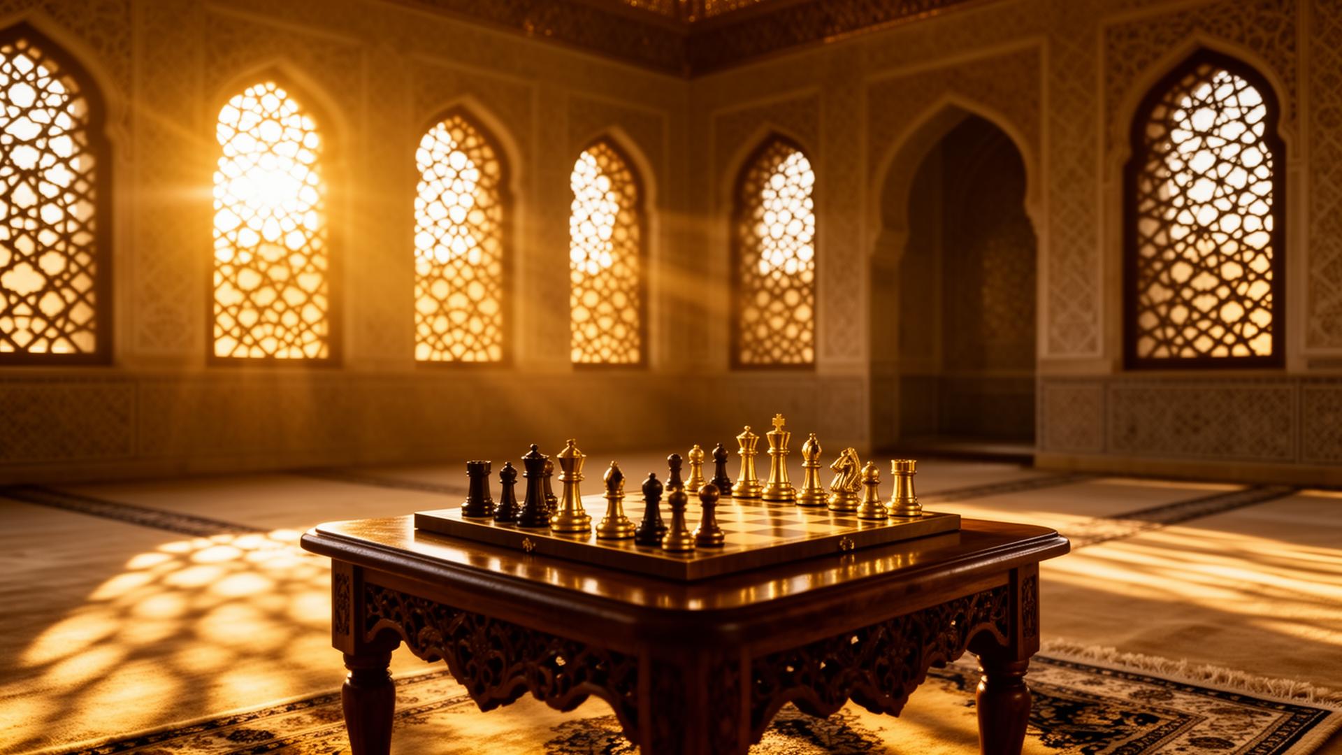 Chess set in an Islamic prayer room with golden light — strategy meets spirituality